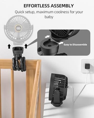 Portable Stroller Mini Fan, Small Rechargeable Personal Fan, Baby Travel Essentials for Wagon, Car Seat, Treadmill, Battery Powered Biking Gear Accessories, 360° Rotation, 3-Speed, Display, Black - Image 6