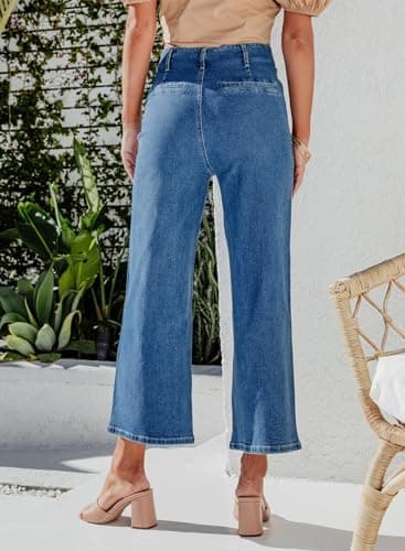 Sidefeel Women's Wide Leg Jeans High Waisted Straight Leg Jeans Buttoned Loose Stretchy Denim Pants with Pocket Blue Size 18 Short - Image 4