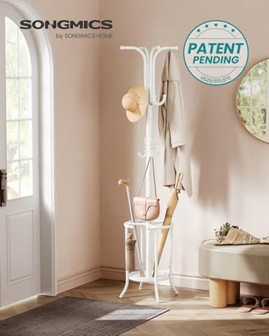 SONGMICS Coat Rack Freestanding, Coat Rack with Umbrella Holder with 12 Hooks, for Entryway, Hallway, Living Room, Bedroom, Pearl White URCR011W01 - Image 2