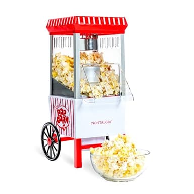 Nostalgia Vintage Hot-Air Popcorn Maker Machine - Makes Up to 12 Cups - Oil-Free - Healthier Popcorn - Classic Stand-Up Cart With Wheels - Includes Kernel Measuring Cup - White & Red - Image 1
