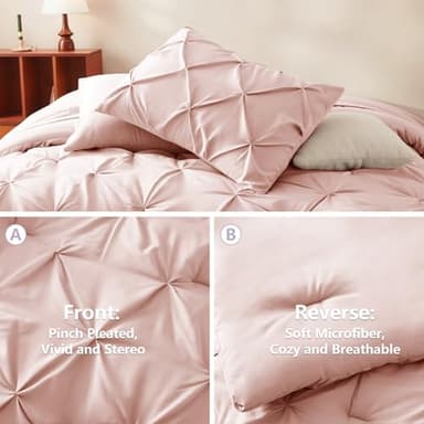 CozyLux Full Size Comforter Sets Blush Pink, 7 Pieces Pintuck Bed in A Bag Pink Comforter Full Size, Pinch Pleat Bedding Sets with All Season Comforter, Sheets, Pillowcases & Shams - Image 3