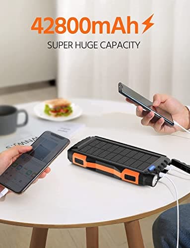 Solar Charger, Power Bank, 42800mAh Portable Charger Power Bank External Battery Pack 5V3.1A Qc 3.0 Fast Charger Built-in Super Bright Flashlight (Orange) - Image 6
