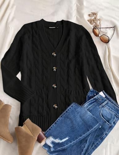 MEROKEETY Women's 2025 Fall Long Sleeve Cable Knit Cardigan Sweater Open Front Button Loose Outerwear Black - Image 4
