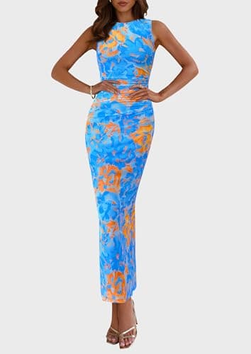 PRETTYGARDEN Wedding Guest Dresses for Women 2025 Summer Spring Floral Bodycon Sleeveless Mesh Maxi Long Dress(Floral Blue,Large) - Image 4