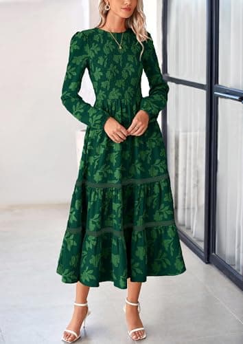 PRETTYGARDEN Long Sleeve Dress for Women 2025 Fall Elegant Modest Floral Boho Smocked Flowy Wedding Guest Midi Dresses (Dark Green,X-Large) - Image 8