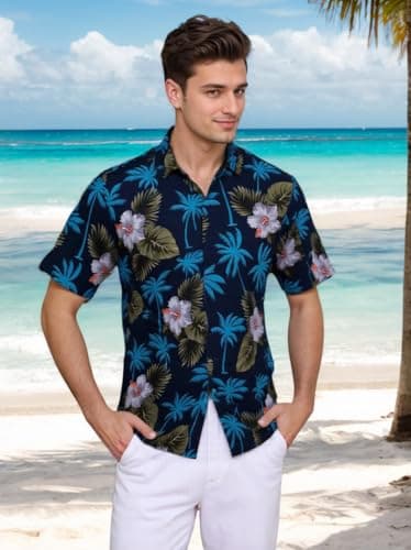 Mens Hawaiian Shirts Tops Short Sleeve Floral Button Down Beach Shirt Vintage Tropical Palm Summer Lightweight Blouses Male Navy Blue - Image 4
