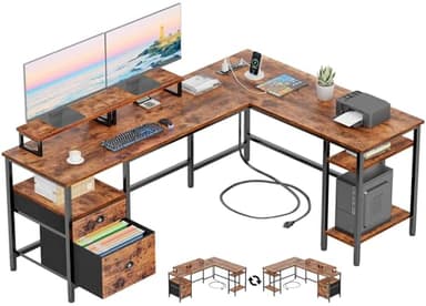 Furologee 66” L Shaped Desk with Power Outlet, Reversible Computer Gaming Desk with File Drawer & 2 Monitor Stands for Home Office with Storage Shelves, Rustic Brown - Image 1