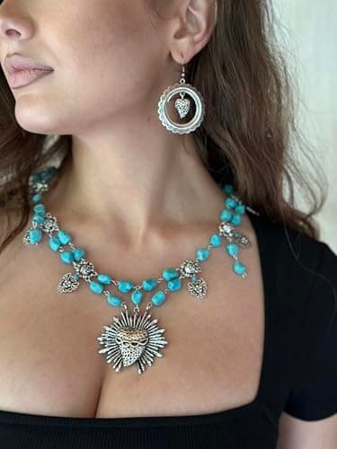 Montana West Wrangler Chunky Turquoise Carved Pendant Jewelry Set for Women Cowgirl Western Statement Necklace Earring - Image 4