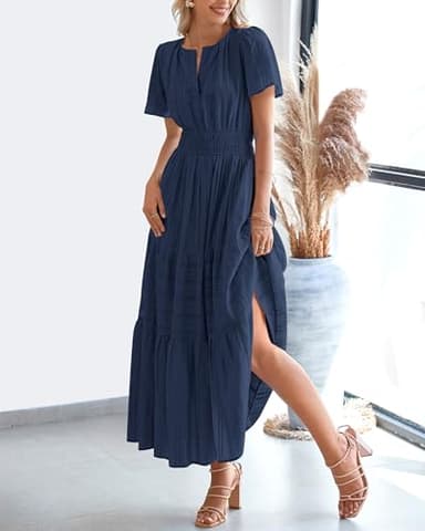 BTFBM Womens Summer 2025 Casual Midi Maxi Dresses Lightweight Short Sleeve V Neck Elastic Waist Boho Beach Dress Pockets(Navy, Large) - Image 8