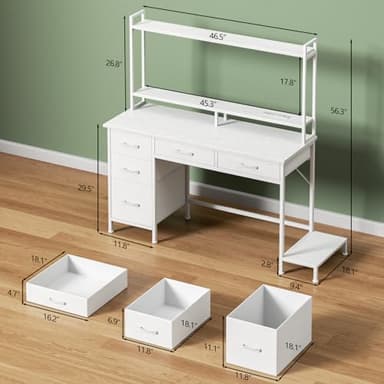 Korfile Computer Gaming Desk with Hutch, Home Office Desk with Power Outlets, LED Light, 5 Storage Drawers, 2 Tiers Shelves for Display, 47 Inch Modern Study Writing Table for Bedroom, White - Image 3