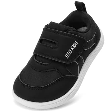 Toddler Wide Toe Box Shoes Boys Barefoot Shoes Boy Sneakers Kids Tennis Shoes Preschool Non Slip Lightweight Comfortable First Walking Running Outdoor Activities Black White Infant Size 4 - Image 1