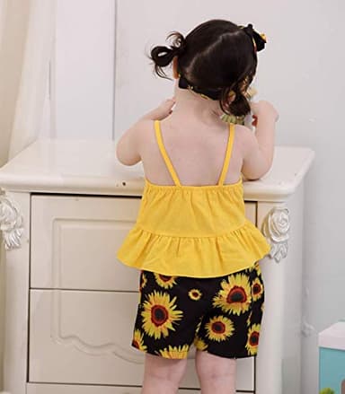 Kucnuzki Toddler Baby Girl Clothes Summer Outfits Ruffle Sleeveless Linen Shirt Kid Short Set for Girl (12-18 Months, Yellow+Black) - Image 3