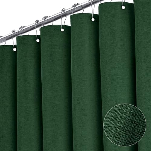 BTTN Long Fabric Shower Curtain, 78 Inch Linen Textured Heavy Duty Polyester Cloth Shower Curtain Set with 12 Plastic Hook, Hotel Luxury Waterproof Shower Curtain for Bathroom - 72x78, Emerald Green - Image 1