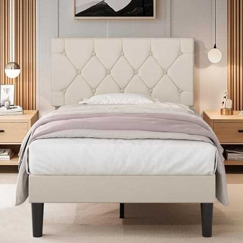 VECELO Twin Size Bed Frame with Button Tufted Headboard, Upholstered Platform Bedframe with Wood Slat Support, No Box Spring Needed, Beige - Image 1