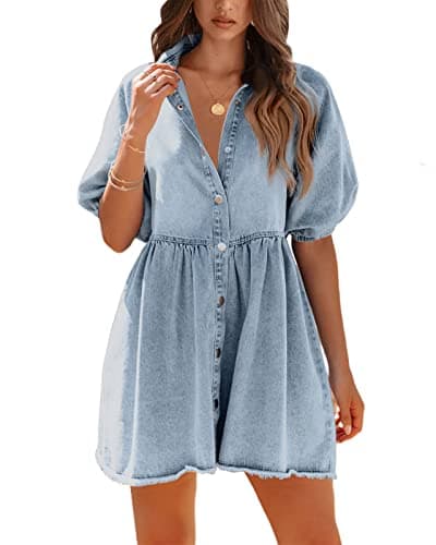 Pepochic Womens Denim Dress Button Down Short Sleeve Babydoll Dress Summer Puff Sleeve Flowy Jean Dresses Light Blue - Image 1