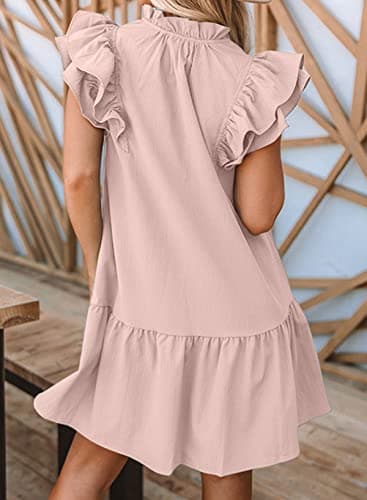 Dokotoo Spring Summer Dresses for Women 2024 Sleeveless V-Neck Ruffle Pockets Lightweight Swing Tunic Dress Solid Easter Mini Ladies Dresses Sun Dresses Pink Small - Image 2