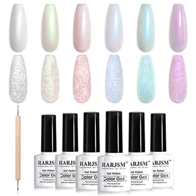 RARJSM Pearl Gel Nail Polish Set 6 Colors Pearlescent Shell Glitter White Gold Pink Green Purple Shimmer Mermaid Nail Gel Polish Soak Off Curing Requires Swirl Thread Effect DIY Manicure Use - Image 1
