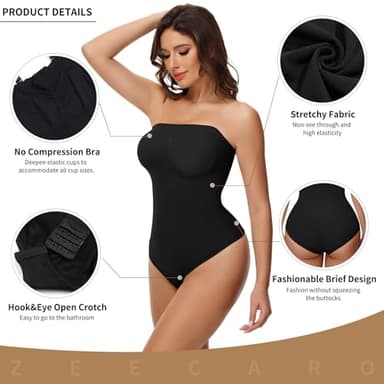 Zeecaro Strapless Bodysuit for Tummy Control Women's Shapewear Bodysuits Seamless Body Shaper Tank Top faja Black XL - Image 3