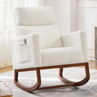 Yaheetech Upholstered Rocking Chair, Boucle Glider Chair Nursery Chair with High Back and Side Pocket, Rocking Accent Armchair with Rubber Wood Legs for Living Room/Bedroom/Nursery, Ivory - Image 1