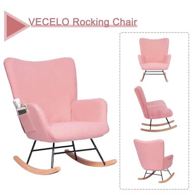 VECELO Rocking Chair Nursery Teddy Upholstered Glider Rocker with High Backrest, Padded Seat, Side Pocket, for LivingRoom, Bedroom, Baby Room - Image 7