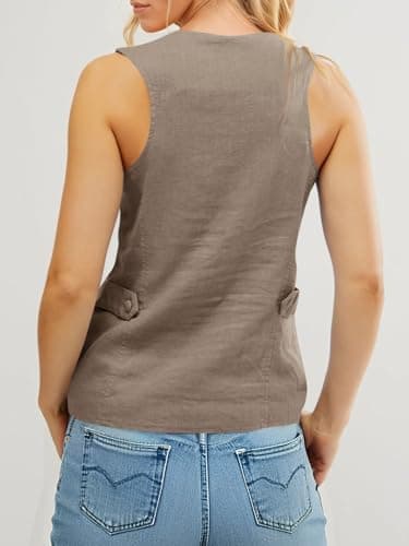 Tankaneo Womens Scoop Neck Blazer Vest Summer Linen Sleeveless Fitted Waistcoat Work Casual Cotton Suit Tops - Image 5