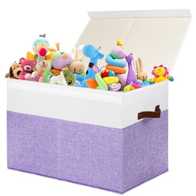 Large Toy Box with Lid, Sturdy Toy Storage Chest Bin Boxes Organizer Basket with Dividers for Toddlers, Kids, Boys, Girls, Nursery, Living Room, Bedroom, Playroom 25"x13" x16" (Purple and White) - Image 1