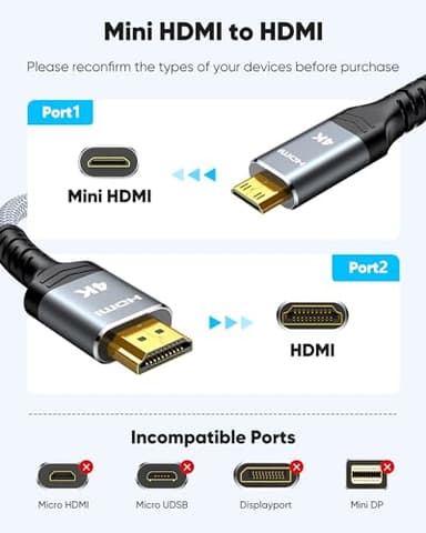 Highwings Mini HDMI to HDMI Cable 10FT, 4K 60Hz High Speed HDMI to Mini HDMI Cable Male Bi-Directional 2.0 Cord, for HDTV, Tablet, Camera and Camcorder [Aluminum Shell, Nylon Braided] - Image 2