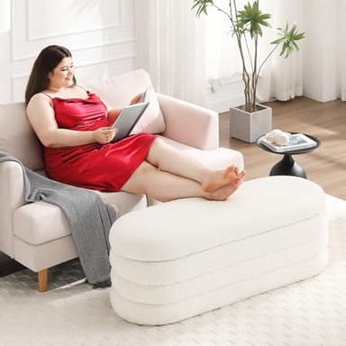 Busaurus Storage Ottoman Bench 49.2 Inch Upholstered Fabric Storage Bench for Bedroom End of Bed Aesthetic Large Oval Ottoman for Living Room Entryway (Ivory) - Image 8