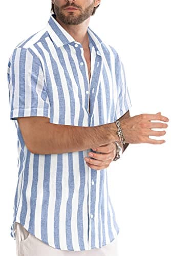 JMIERR Men's Summer Casual Stylish Short Sleeve Button-Up Shirts Cotton Linen Vertical Striped Business Dress Shirts Beach Cruise Shirt Resort Wear, L, Sky Blue - Image 2