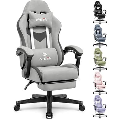 N-GEN GAMING Video Gaming Chair Office Computer Desk Use Ergonomic Reclining Backrest Adjustable Armrests Lumbar Support Footrest High Density Foam Breathable Fabric Heavy Duty Base (Grey) - Image 1