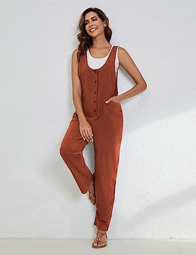 Yeokou Womens Overalls Linen Cotton Jumpsuits Loose Casual Jumpers with Pockets(Rust-M) - Image 6