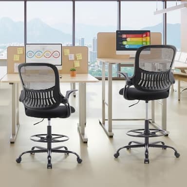 Sweetcrispy Tall Drafting Desk Chair - Ergonomic High Stool Computer with Adjustable Height and Comfy Lumbar Support, Office Rolling Counter with Flip-up Arm and Footrest, Black - Image 2