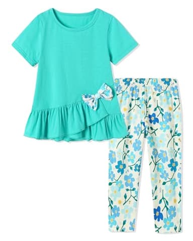 SOLOYEE Toddler Girl Clothes 3T 4T Girls Outfit, Short Sleeve Ruffle Top with Bowknot + Floral Print Capri Pants 2Pcs Spring Summer Clothing Set - Image 1