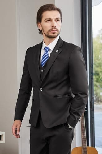 MAGE MALE Mens Suits Slim Fit 3 Piece Tuxedo Suit One Button Solid Prom Wedding Party Blazer Vest Pants Set with Tie Brilliant Black - Image 5