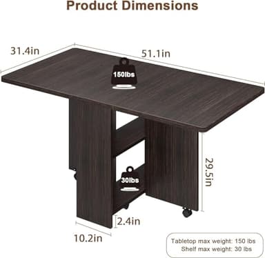 IDEALHOUSE Folding Dining Table, Drop Leaf Dining Table with 6 Wheels and 2-Layer Storage Shelf, Space Saving Dining Table for Small Spaces (Dark Walnut, 50.1" D x 31.4" W x 29.5" H) - Image 2