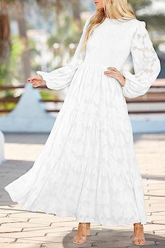 MITILLY Women's Elegant Floral Long Sleeve Round Neck Smocked A-Line Flowy Tiered Maxi Dresses with Pockets Large White - Image 2