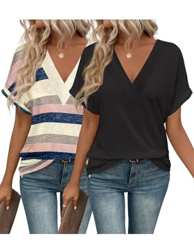 EyMuse 2 PCS Women's Short Sleeve V Neck Tops Casual Summer T Shirts Ladies Basic Tees Fashion Soft Comfortable Tunic,Multicolor+Black,XXL - Image 1