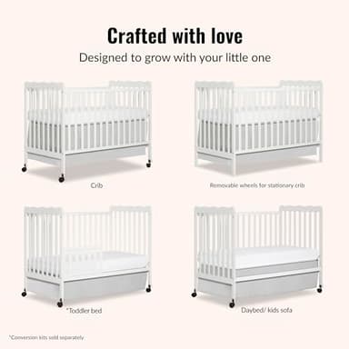 Dream On Me Carson Classic 3-in-1 Convertible Full-Size Baby Crib in White, GreenGuard Gold & JPMA, 4 Mattress Heights, Converts to Day & Toddler Bed, Locking Wheels, Classic Nursery Design - Image 6