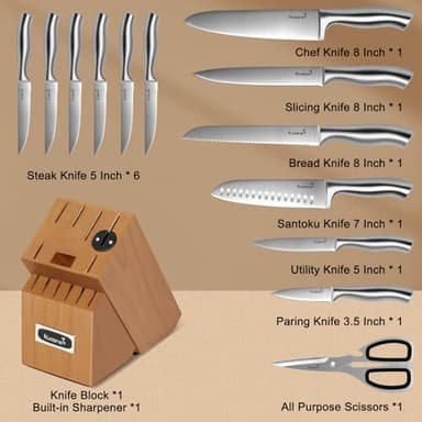 Kuisine Premium Sharp Knife Set,High Carbon Stainless Steel Sharper Blade Ergonomic Non-slip Handle,Kitchen Block Knife Set Chef Knife Block Set with Built-in Sharpener(Acacia, 15PCS) - Image 2