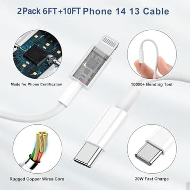 Fast Charger for iPhone 14 13 12 Charge Fast Charging, 2Pack 6FT+10FT USB C to L Cable with 20W USB C for i Phone Charger Block, Compatible with iPhone 14 13 12 Pro/14 Plus/13 Pro Max - White - Image 4