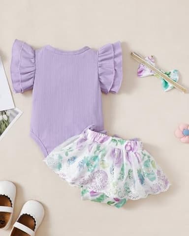 Mioglrie Preemie Clothes Girl Newborn Girl Outfits Infant Baby Girl Clothes Summer Baby Girl Outfits Purple Floral Dress Baby Girls' Clothing - Image 3