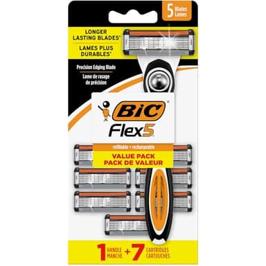 BIC Flex 5 Men's Refillable with 5 Blade Razors, 1 Handle and 7 Cartridges, Straight Razors for Men with Precision Edging, 7-Pack - Image 1