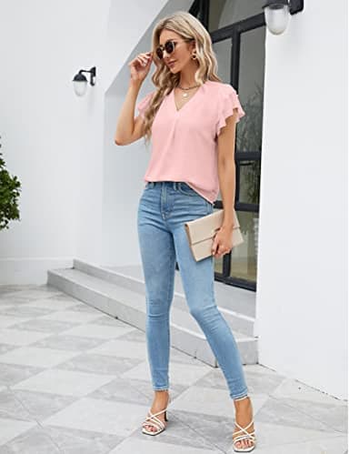 Blooming Jelly Womens Dressy Casual Shirts Short Sleeve V Neck Work Blouse Business Casual Summer Tops 2025(X-Large, Light Pink) - Image 5