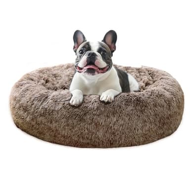 JOLLYVOGUE Large Calming Dog Bed, Anti-Anxiety Donut Cuddler Cat Bed with Anti-Slip Bottom, Fluffy Faux Fur Machine Washable Pet Cushion for Medium Large Dog & Cat, 36"/Smoke Brown - Image 1