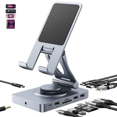 360° Rotating USB C Docking Station for iPad, iPad Pro, Tablet, Samsung, Steam Deck, ROG Ally, Legion Go, Msi Claw, etc, 11-in-1 with SD TF 4.0 Reader, 4K@60Hz HDMI, RJ45, Audio, USB A, USB C - Image 1