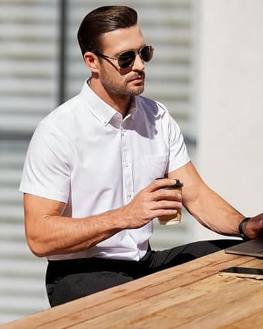 Alimens & Gentle Mens Short Sleeve Oxford Shirt Regular Fit Button Down Collar Shirts with Pocket, White, Large - Image 6