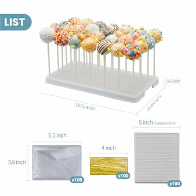 28 Holes Cake Pop Stand for Cake Pops, Lollipop Hold Stand, Cake Pop Display Holder, Candy Pop Holder with 100 Pcs Cake Pop Sticks, 100 Pcs Cake Pop Bags, 100 Pcs Gold Twist Ties(White) - Image 2