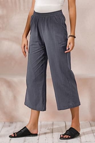 Womens Cotton Cropped Pants Loose Fit Wide Leg Capri Casual Plus Size Elastic Waist Trousers Gray M - Image 2