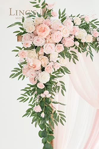 Ling's Moment Deluxe Pink Artificial Wedding Arch Flowers with Drapes Kit-Pack of 5, 2pcs Flower Arrangements 3pcs Hanging Sheer Drapes Blush Ceremony Arbor Reception Backdrop Rose Floral Decorations - Image 4