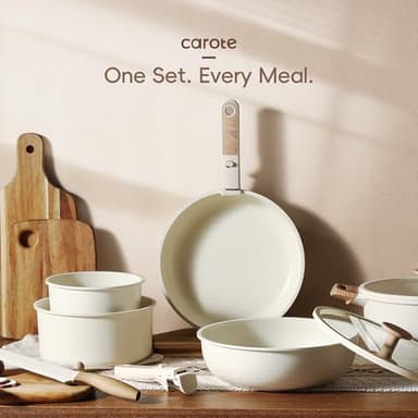 CAROTE 25pcs Pots and Pans Set Non Stick, Cookware Sets, Kitchen Set, Oven/Dishwasher/Fridge Safe, Space Saving Pots Set, Nonstick Set with Versatile Detachable Handle with Knife Set, Cream - Image 8